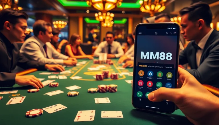 Experience thrilling poker action with MM88 at a luxurious casino table, enhancing online gambling excitement.
