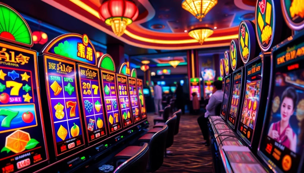 Engaging scene of casino slot machines featuring nổ hũ theme, highlighting vibrant colors and excitement.