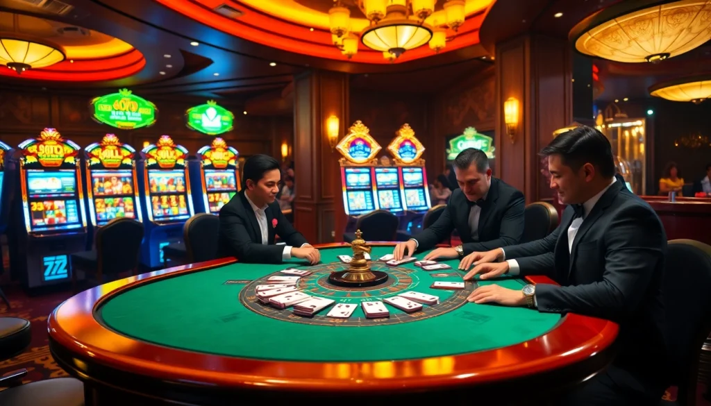 Experience thrilling gameplay at 79King, showcasing an elegant poker table with vibrant slot machines.