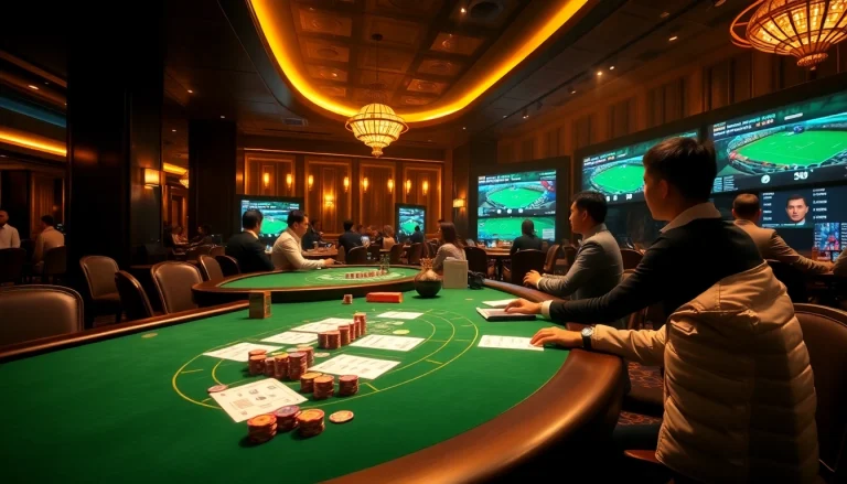 Betting excitement in a Kèo Bóng Đá casino scene with tables and live odds.