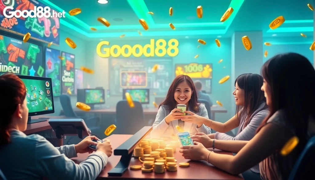 Engaging scene of Good88.hu.net online gaming platform with players enjoying vibrant games and winning experiences.