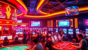 Dynamic casino scene with players at ev88win.live engaging in various games and sports betting.