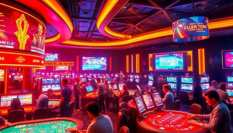 Dynamic casino scene with players at ev88win.live engaging in various games and sports betting.