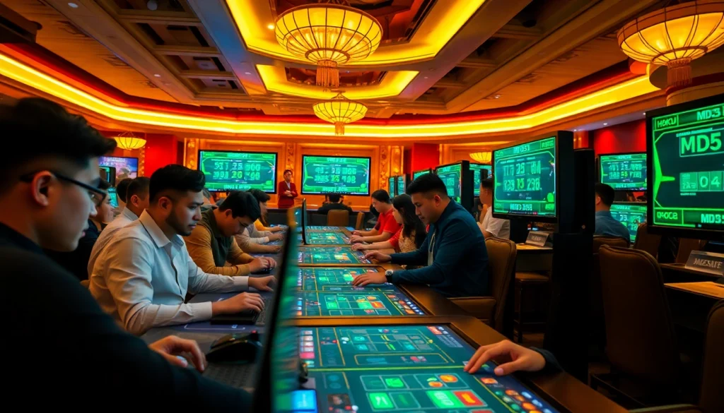 Tài Xỉu MD5 game players enjoying an exciting digital casino experience with real-time results and vibrant graphics.