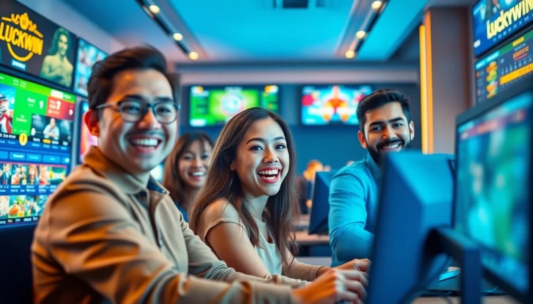 Exciting gameplay experience at Luckywin featuring joyful players engaging with a modern online casino.