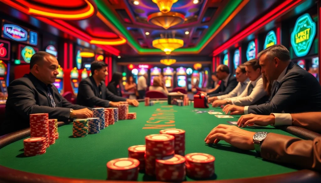 Experience the thrill of poker as players engage at the haywin table amidst a vibrant casino atmosphere.