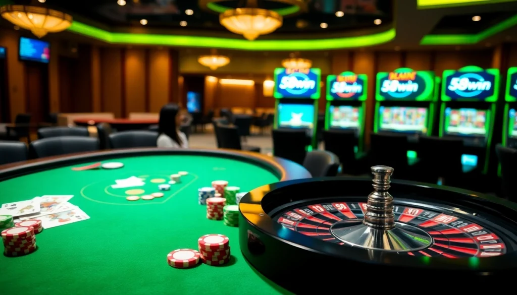 Engaging scene of gambling at a 58win com online casino with poker chips and roulette.