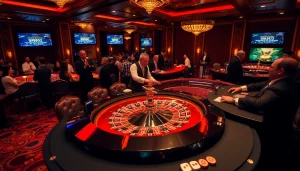 Experience the excitement at win678 com with a vibrant casino scene featuring roulette and eager players.