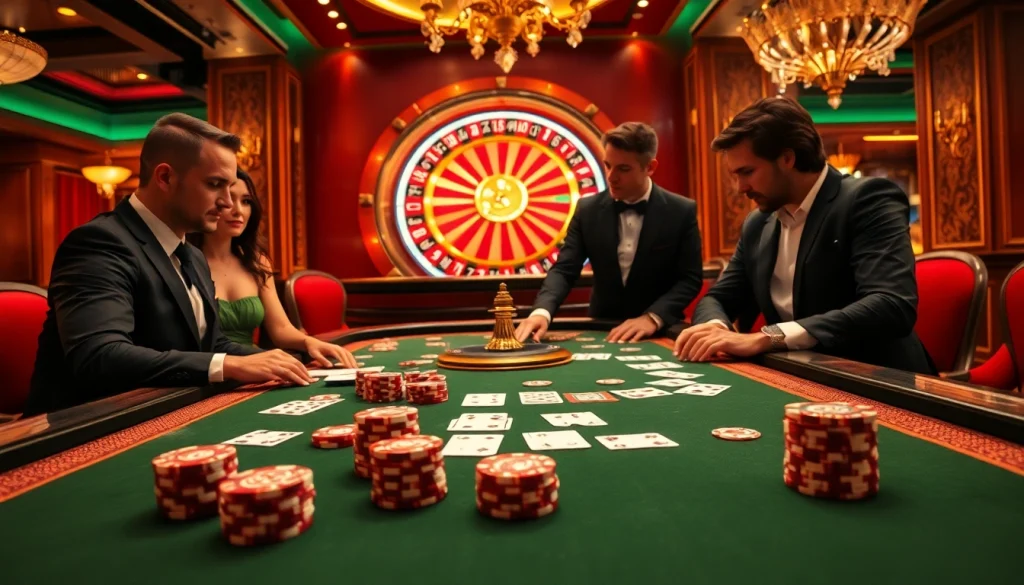 Players enjoying a riveting poker game at xx88.com casino, featuring vibrant chips and roulette wheel.
