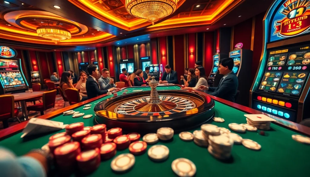 Engaged players at the HITCLUB casino, immersed in vibrant gaming with roulette and slot machines.