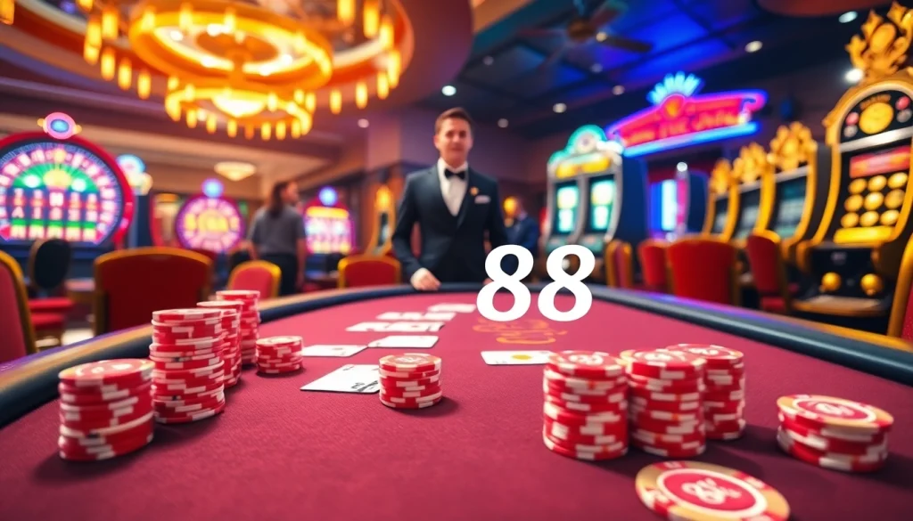 Players engaging at a luxurious 88i-themed casino poker table with vibrant decor.