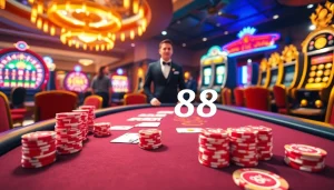 Players engaging at a luxurious 88i-themed casino poker table with vibrant decor.
