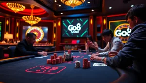 Playing poker at Go8 Casino with chips and excitement in a luxurious setting