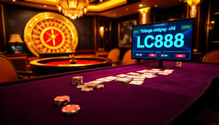 A vibrant casino scene showcasing poker chips and a roulette wheel, reflecting Trang chủ LC88's luxurious gambling environment.