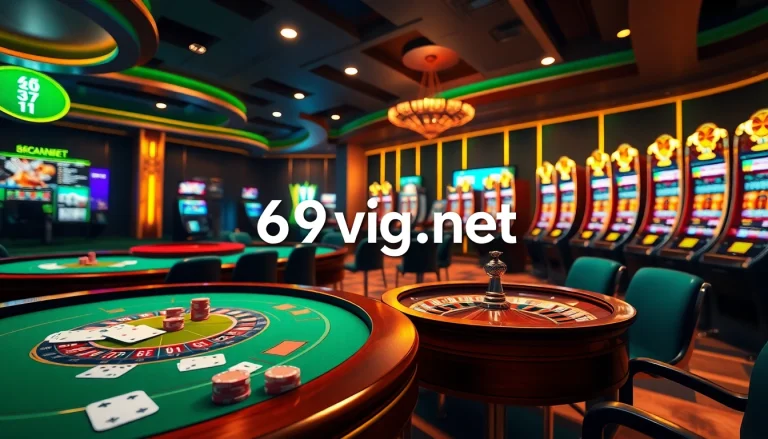 An engaging online gambling scene showcasing 69vn.gb.net with vibrant casino tables, poker chips, and lively slot machines.