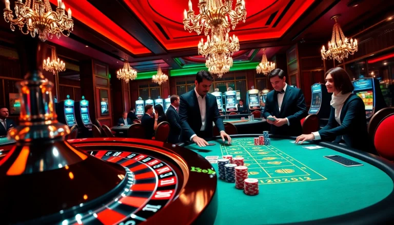Experience thrilling gameplay with nk88 at an upscale casino featuring roulette and poker tables.