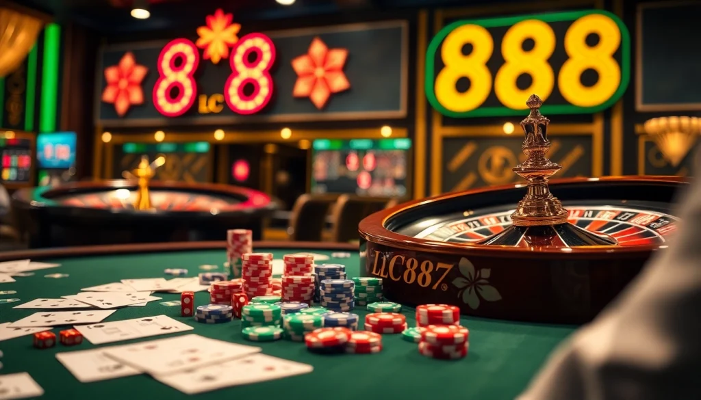 Experience the thrilling atmosphere of a casino with lc88-themed poker chips and roulette wheel.