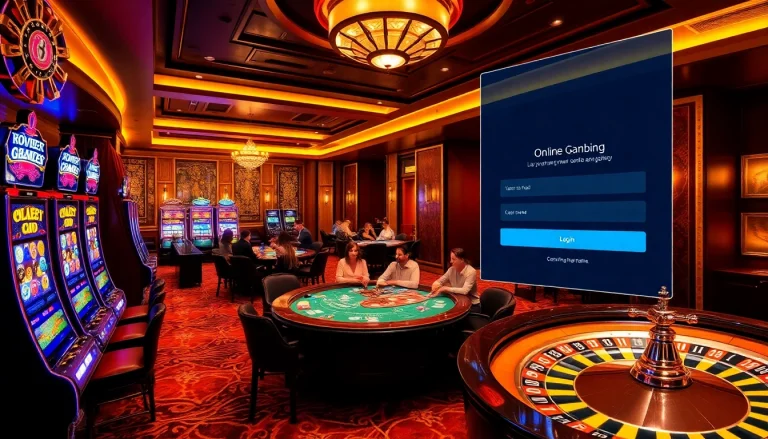 Players logging in at a lively casino, filled with slot machines and poker tables.