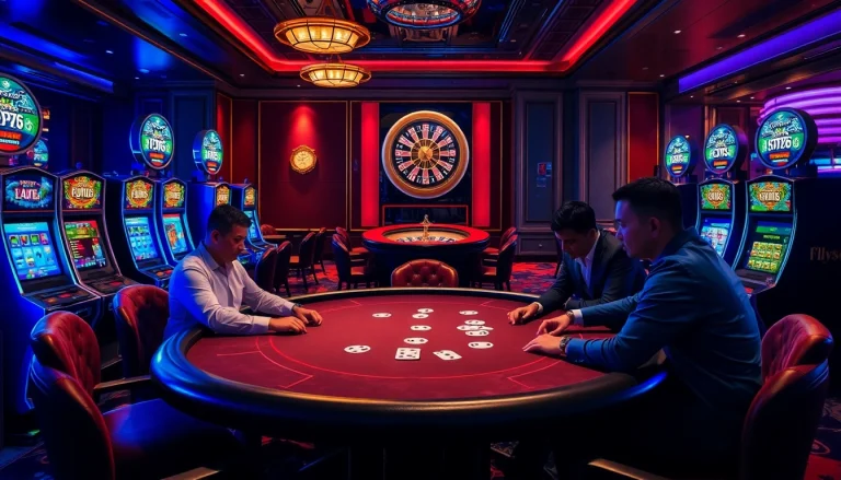 FLY88 players engage at a high-stakes poker table, highlighting luxury and excitement in gambling.
