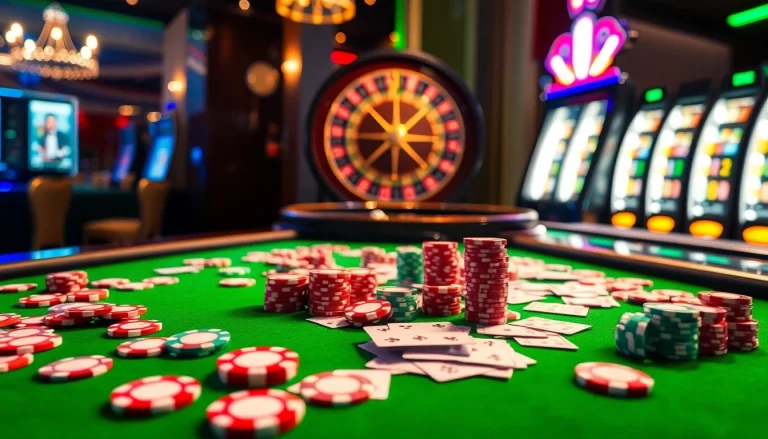 Experience the thrill of gaming at Luck8 with a dynamic casino scene featuring poker chips and a slot machine.