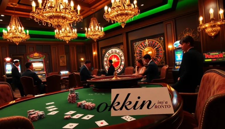 Exciting poker game at a luxury casino with vibrant chips and cards, depicting okking.