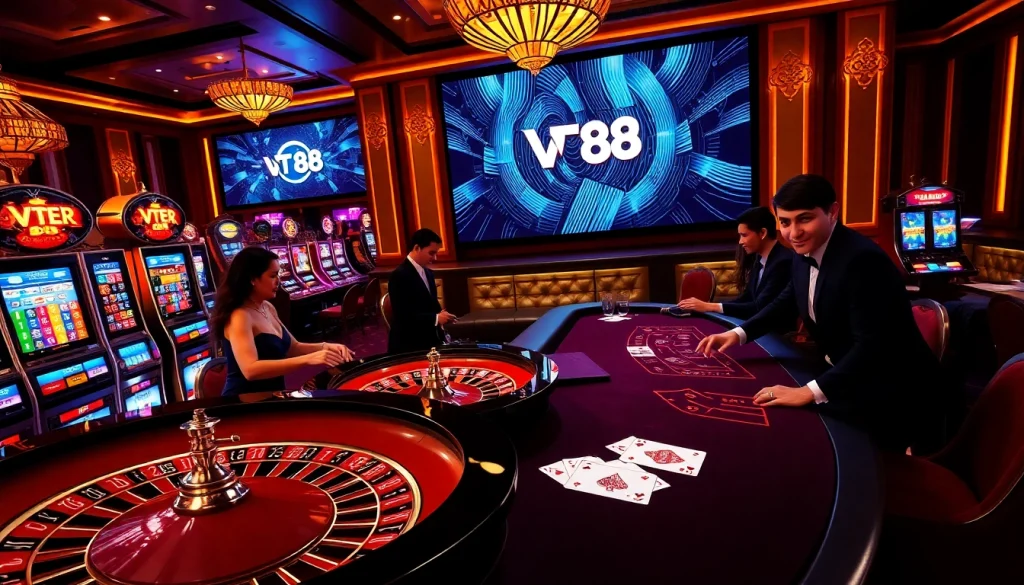 Engaging casino players enjoying thrilling games at VT 88's luxurious tables.