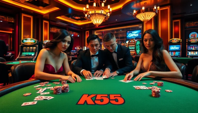 The KK55 poker scene captures high-stakes excitement with elegant players and vibrant chips.