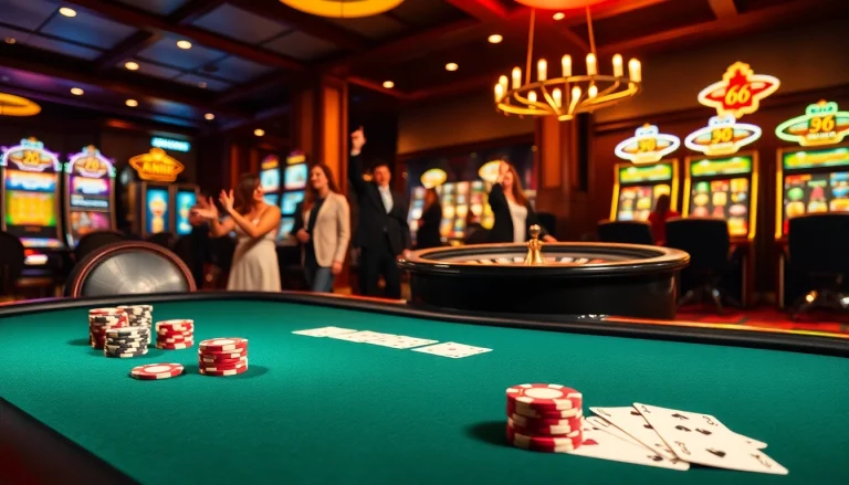 Players celebrating a win at the MB 66 poker table in a luxurious casino setting.