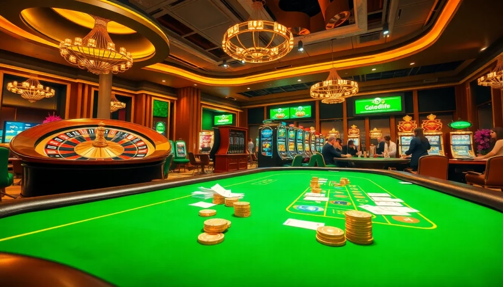 A dynamic casino scene showcasing exciting games at loto188.gb.net, featuring roulette, poker, and vibrant slot machines.