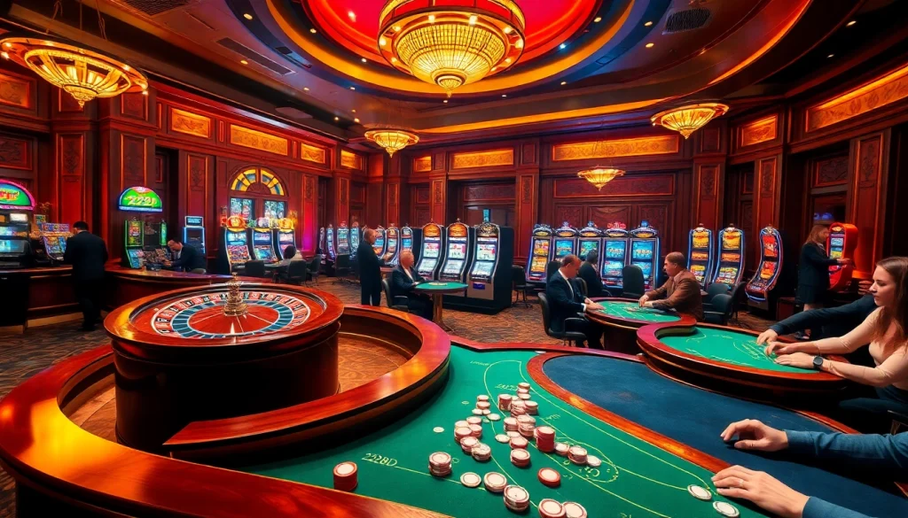 Engaging scene at a casino highlighting 222BD, with players enjoying roulette and poker games.
