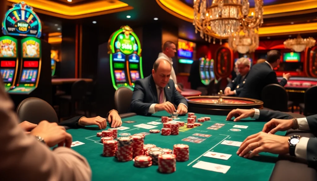 Engaging poker players savoring the thrill of SODO casino action, surrounded by colorful chips and cards.