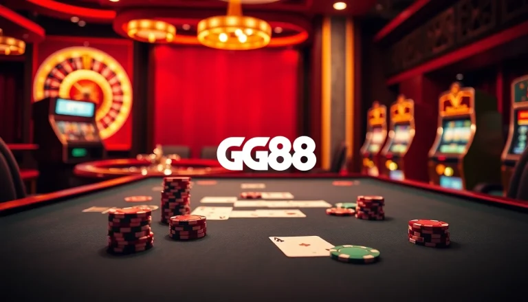 Experience the thrill of gaming at GG88's prestigious casino table with vibrant poker chips and cards.