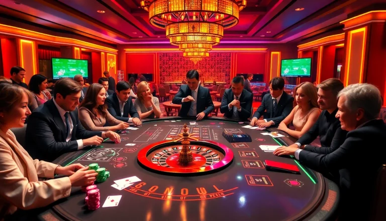 Players engaging in strategic poker at an upscale 88vv casino table, showcasing excitement and professionalism.