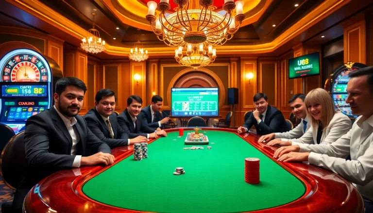 High-stakes poker action at a UU88 casino table with vibrant chips and a glowing roulette wheel.