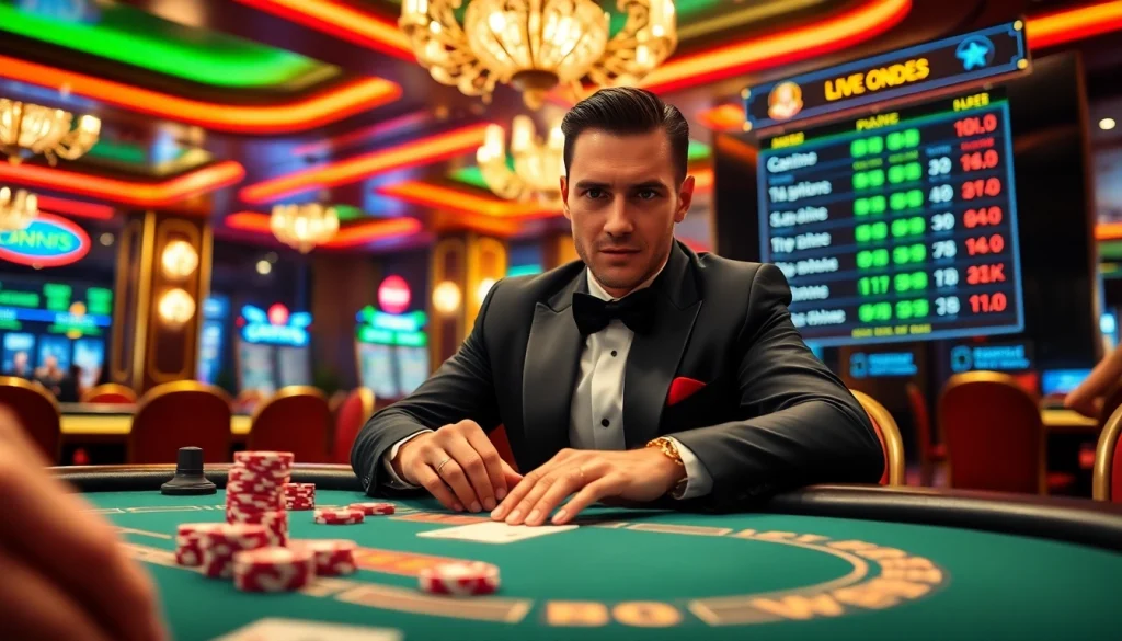 Engaged player at DN88 poker table showcasing strategic gameplay in vibrant casino setting.