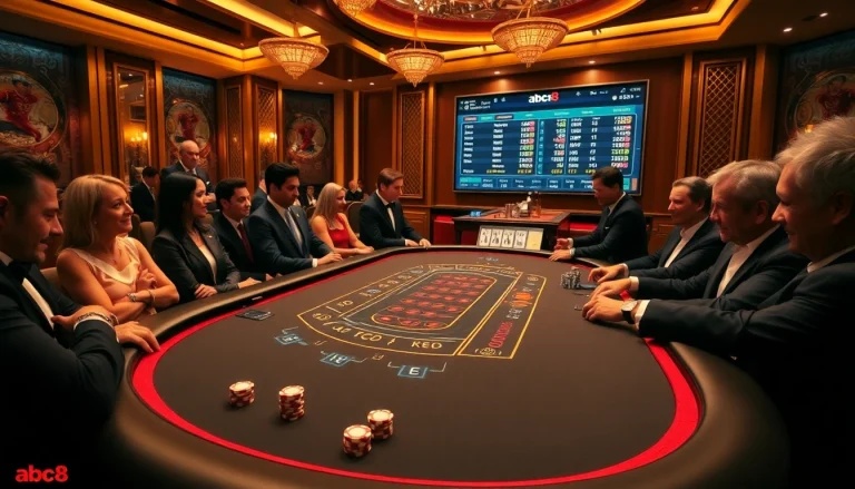 Players enjoying a game at the abc8 poker table in a luxurious casino setting.