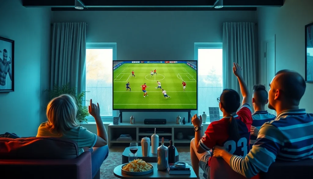 Experience live football streaming with vaoluoitv.it.com in a vibrant sports room atmosphere, featuring happy fans and engaging visuals.