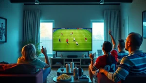Experience live football streaming with vaoluoitv.it.com in a vibrant sports room atmosphere, featuring happy fans and engaging visuals.