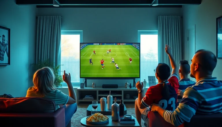 Experience live football streaming with vaoluoitv.it.com in a vibrant sports room atmosphere, featuring happy fans and engaging visuals.