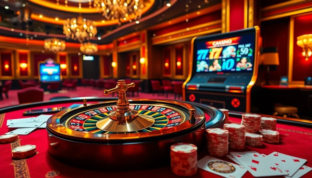 iwin casino excitement captured through a vibrant roulette table and illuminated slot machines.