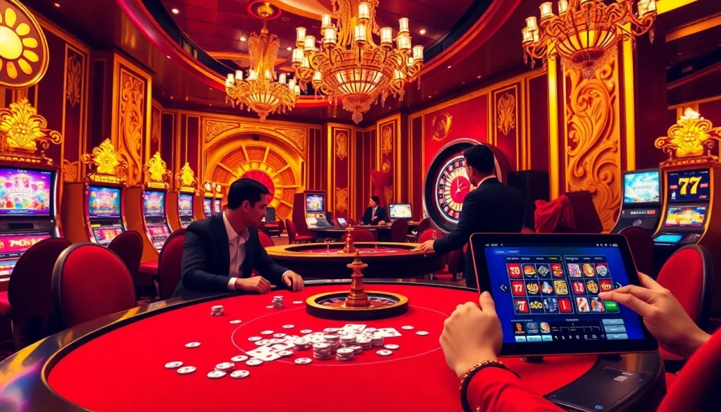 King88 players enjoying an exciting casino game with poker chips and vibrant slot machines.