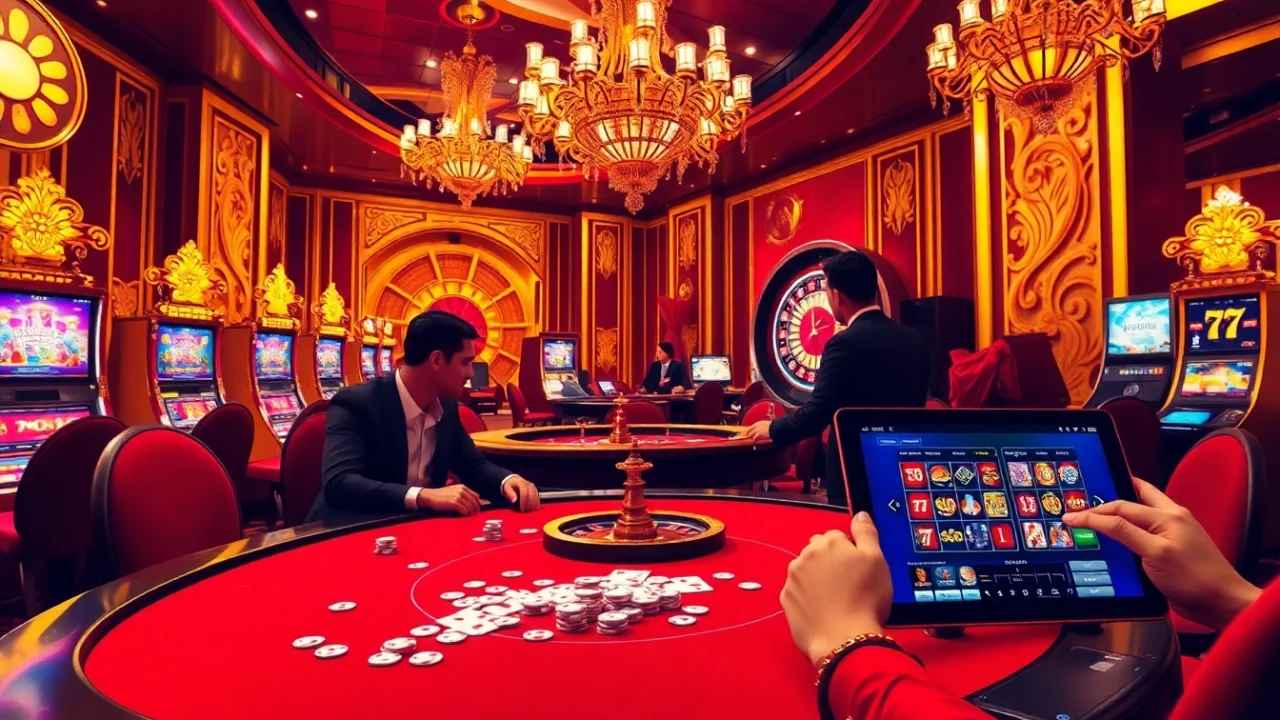 King88 players enjoying an exciting casino game with poker chips and vibrant slot machines.