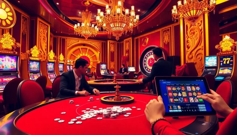 King88 players enjoying an exciting casino game with poker chips and vibrant slot machines.
