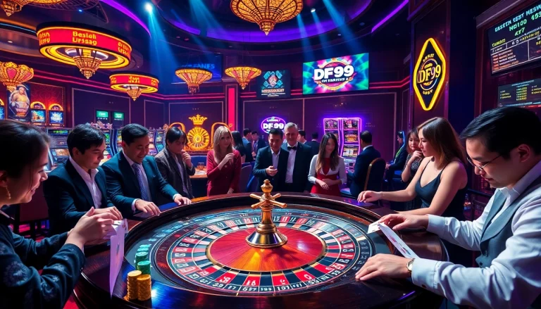 Excited gamblers enjoying the DF99 roulette table in a luxurious casino atmosphere.