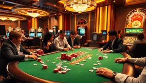 Players strategize at a luxurious poker table with KK55 chips in an upscale casino.