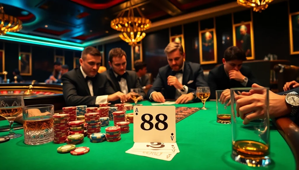 Players strategizing a high-stakes game at a luxurious casino table featuring 88i themed poker cards.