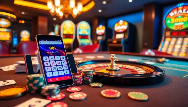 Experience thrilling gameplay with 88i's luxury casino elements including cards and roulette.