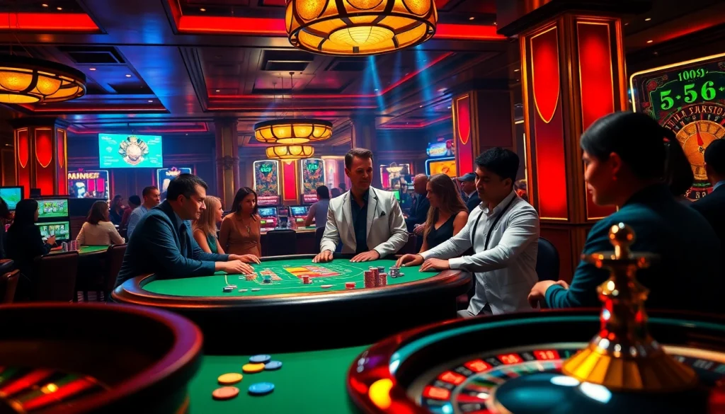 Experience the thrill of fabet with vibrant casino gaming scenes featuring poker tables and roulette wheels.