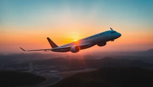 VN168 Vietnam Airlines flight taking off against a vibrant sunset backdrop.