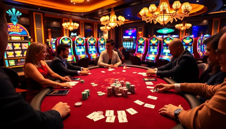 Engaging poker players at a vaobet-branded casino table surrounded by vibrant chips and cards.